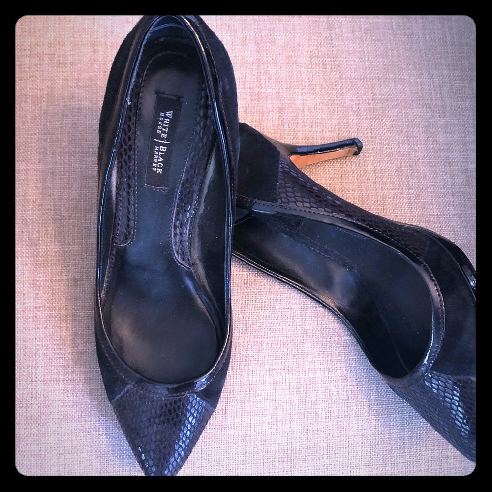 WHBM Black faux snakeskin and suede heels